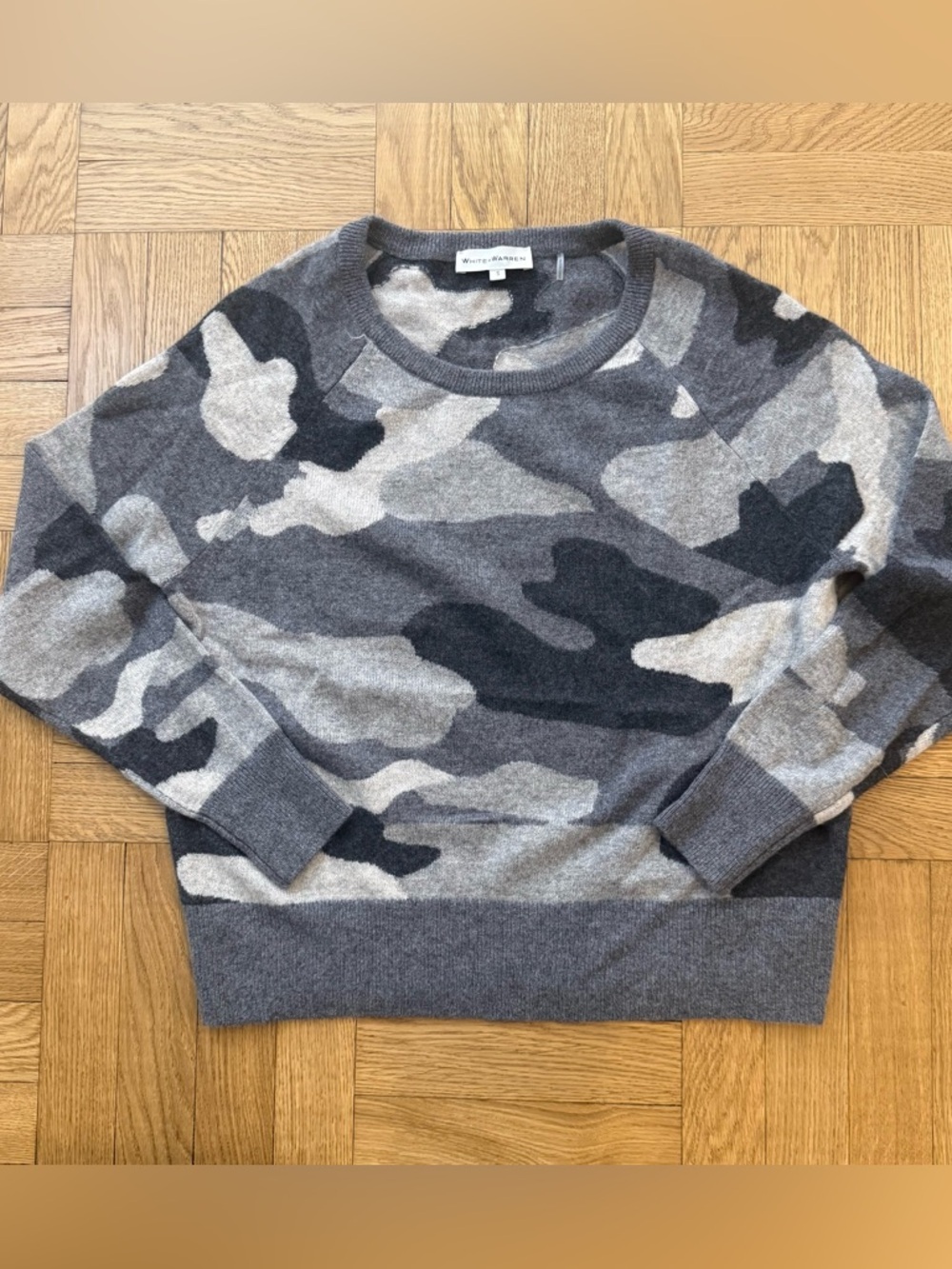 White + Warren 100% Cashmere Gray Camo Crewneck Sweater Size S